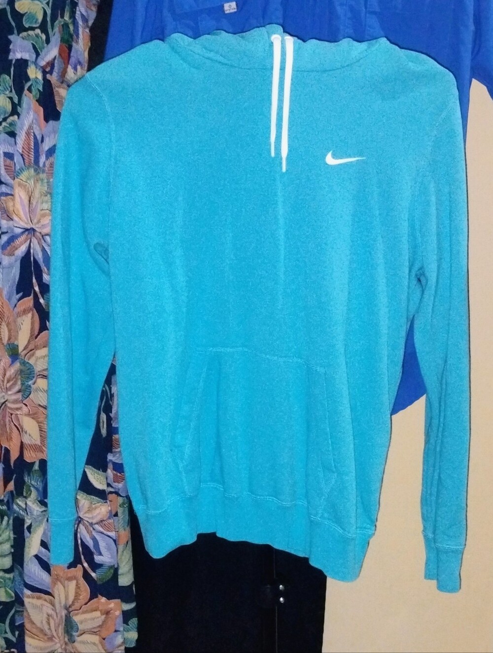 Nike Turquoise Blue Pullover Fleece Hoodie White Swoosh Kangaroo Pocket